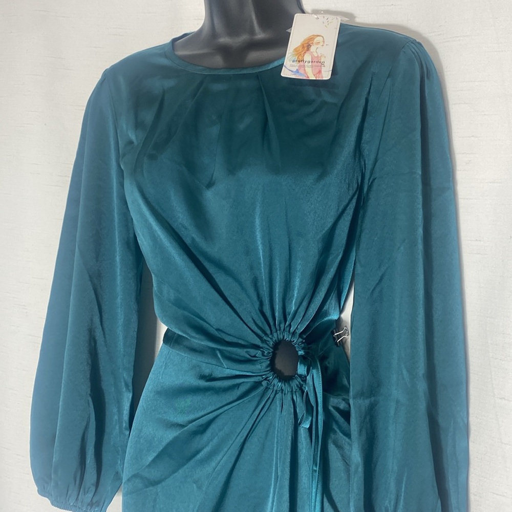 PRETTYGARDEN Satin Maxi Dress Puff Long Sleeve Crewneck Cutout  A-line Long - Picture 5 of 16